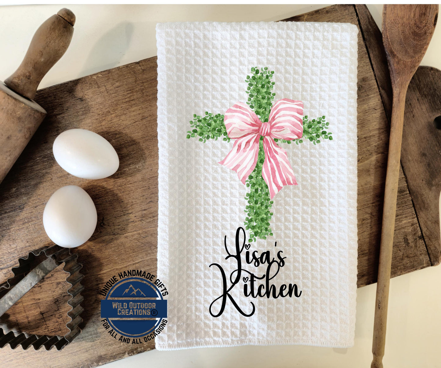 Personalized Kitchen Towel - Custom Name Cross Design with Pink Bow | Easter Gift - detail view