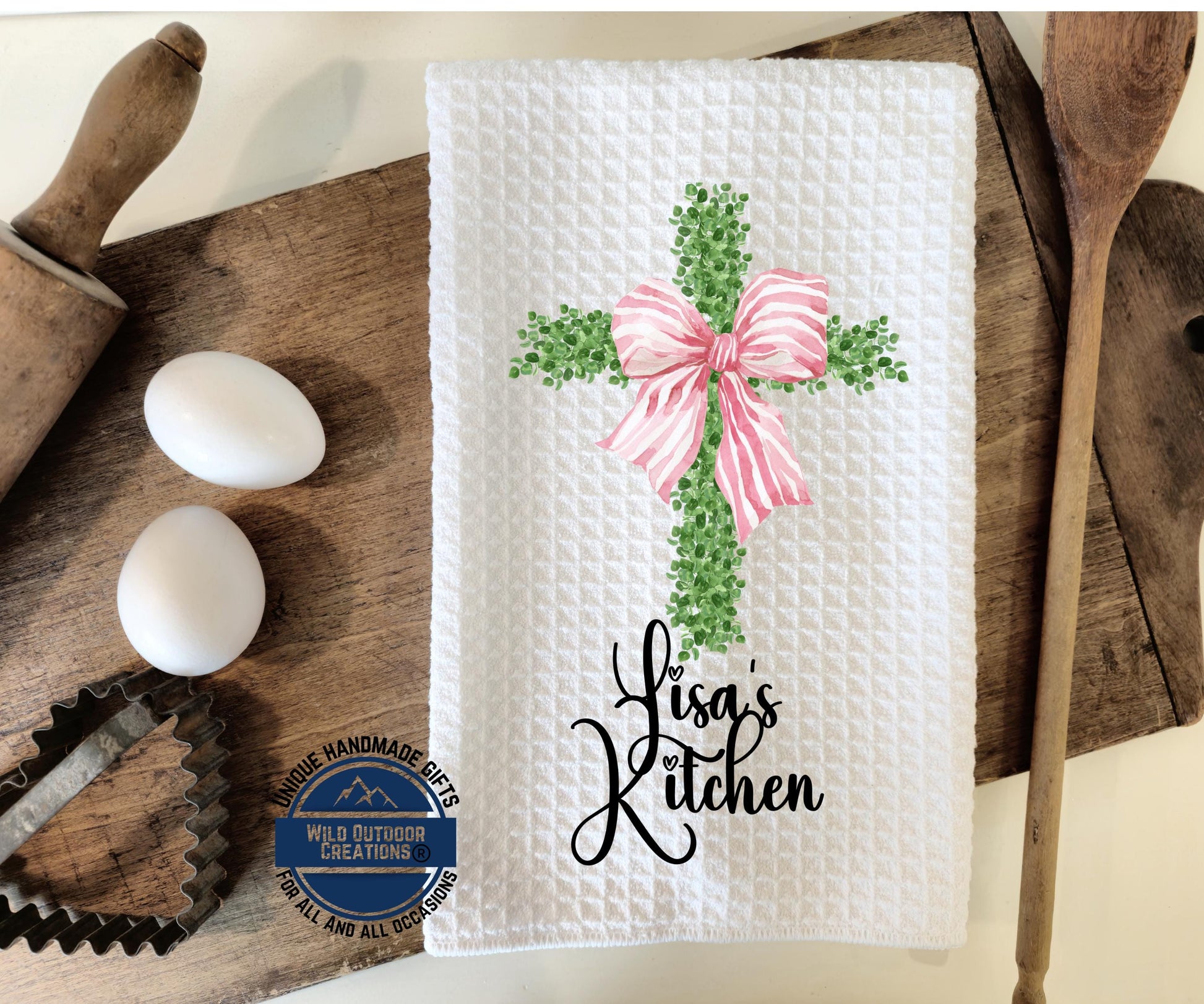 Personalized Kitchen Towel - Custom Name Cross Design with Pink Bow | Easter Gift - detail view