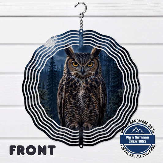 Great Horned Owl Wind Spinner 10 Inch Metal Garden Decor Moonlit Forest Yard Art