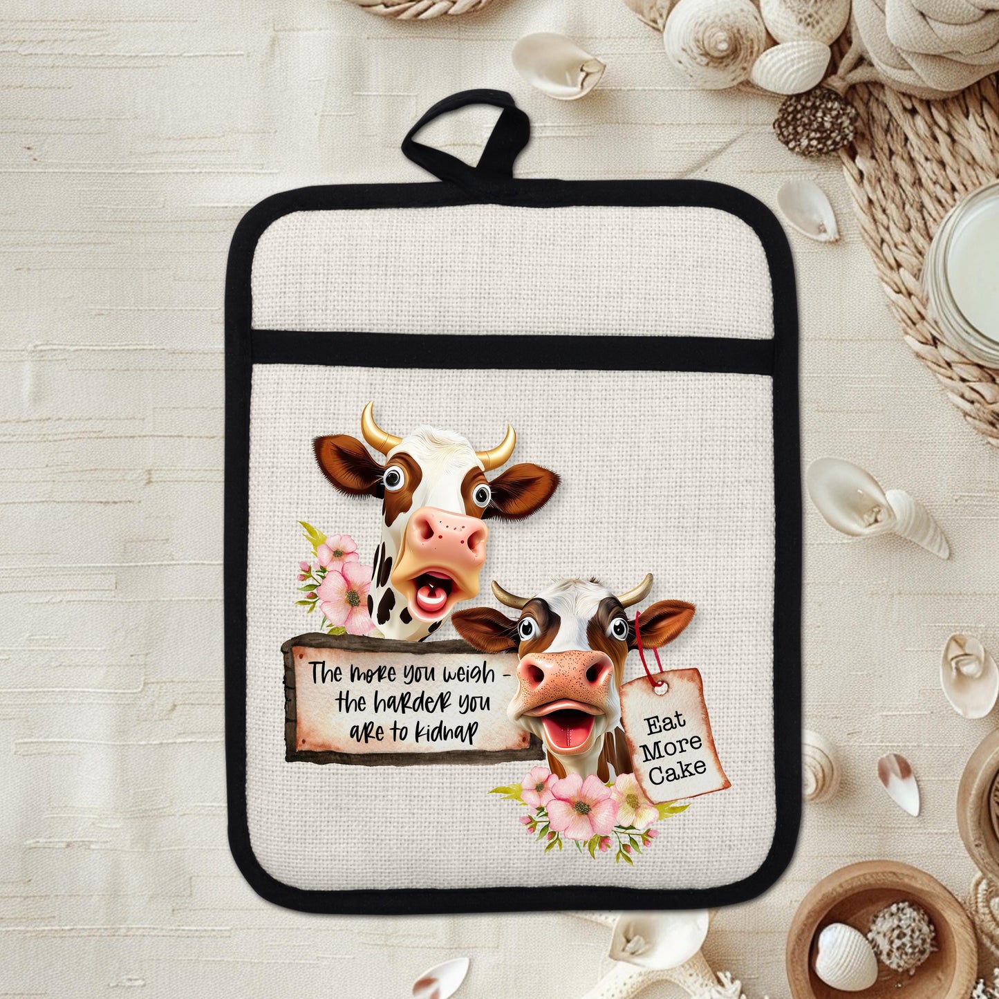Funny Cow Pot Holder with Floral Design  Cake Quote - Charming Farmhouse Kitchen Gift