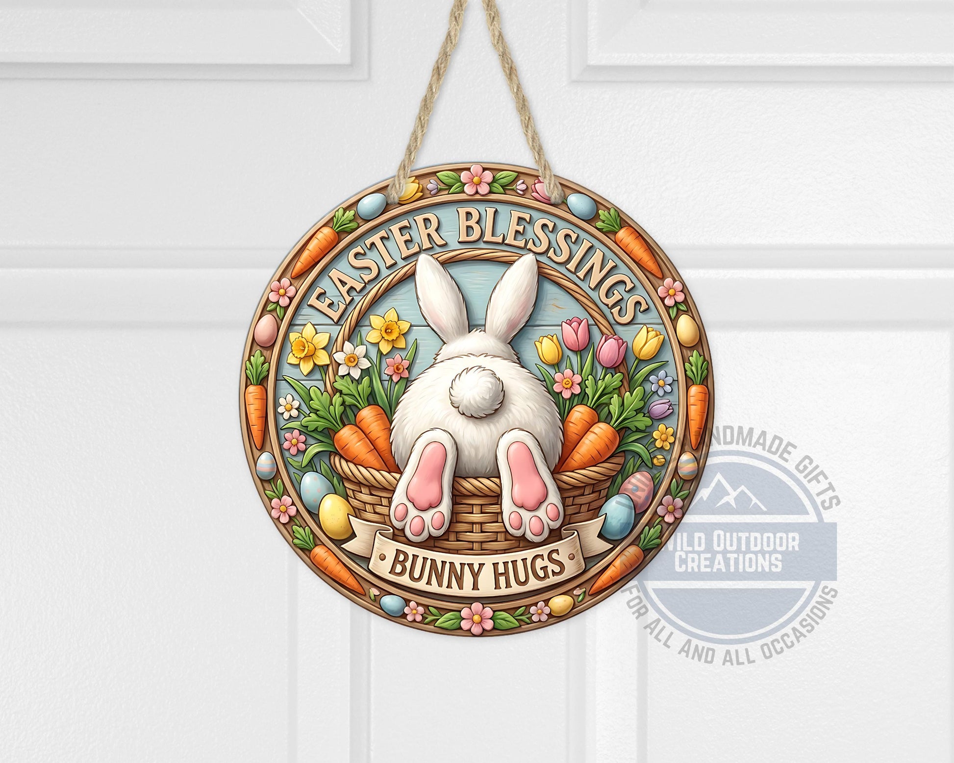 Easter Door Hanger - Round Aluminum Bunny Hugs Sign | Spring Porch Decor - alternate view