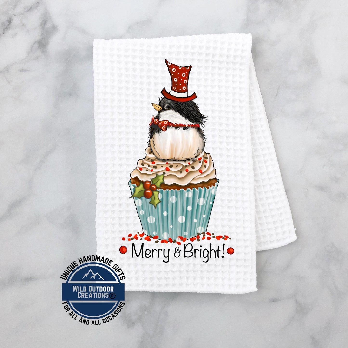 Chickadee Cupcake Christmas Kitchen Towel Merry Bright Bird Waffle Weave Holiday Decor Gift