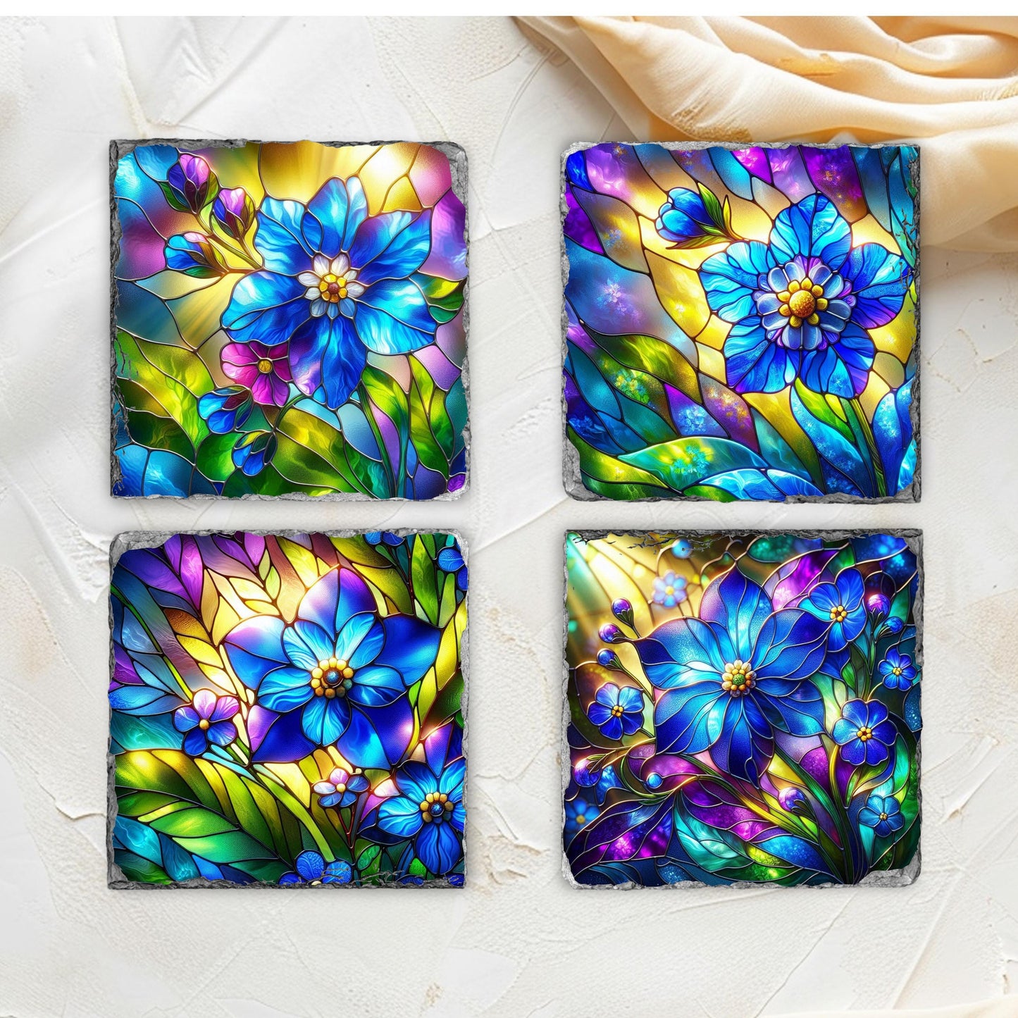 Slate Coaster Set with Faux Stained Glass Forget Me Not Flowers  Black Rack  Handcrafted Alaska State Gift