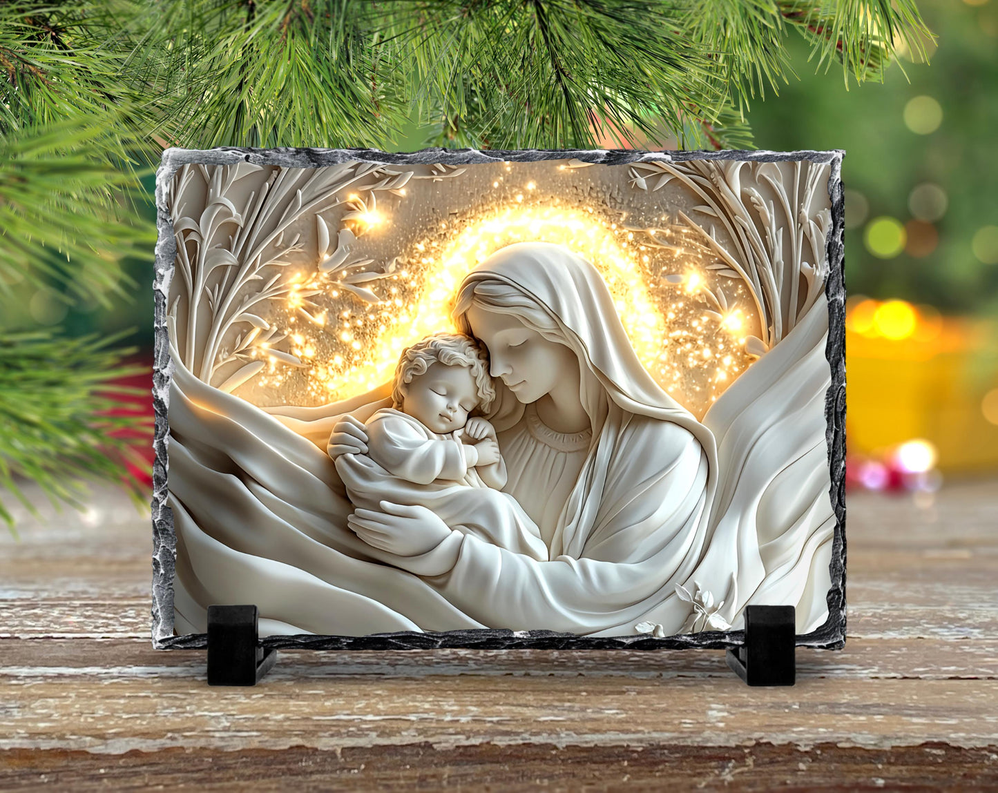 3D Mary and Baby Jesus Slate Plaque - with Fractured Edges  Gold Accents