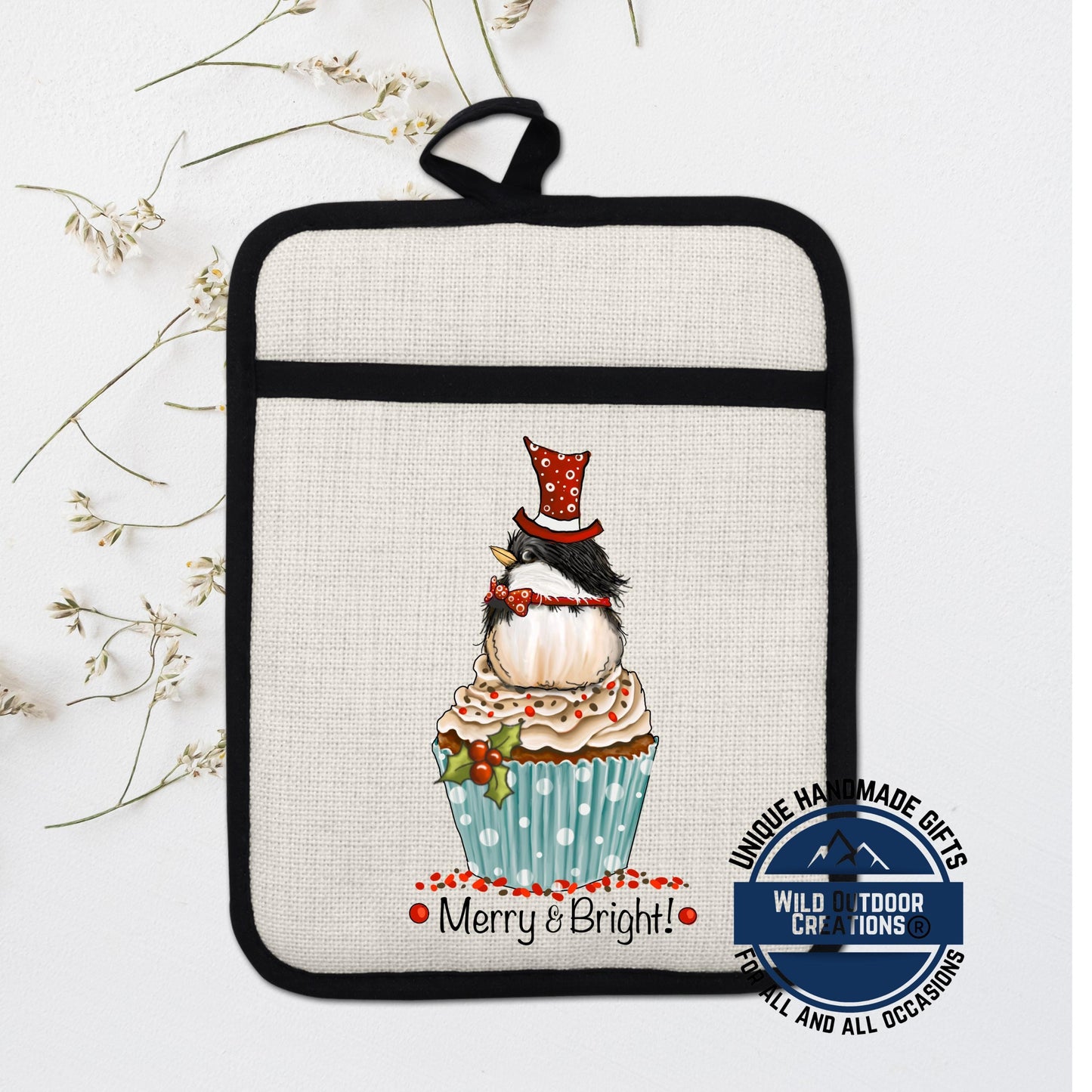 Chickadee Cupcake Pot Holder Linen Hot Pad Merry Bright Christmas Kitchen Gift