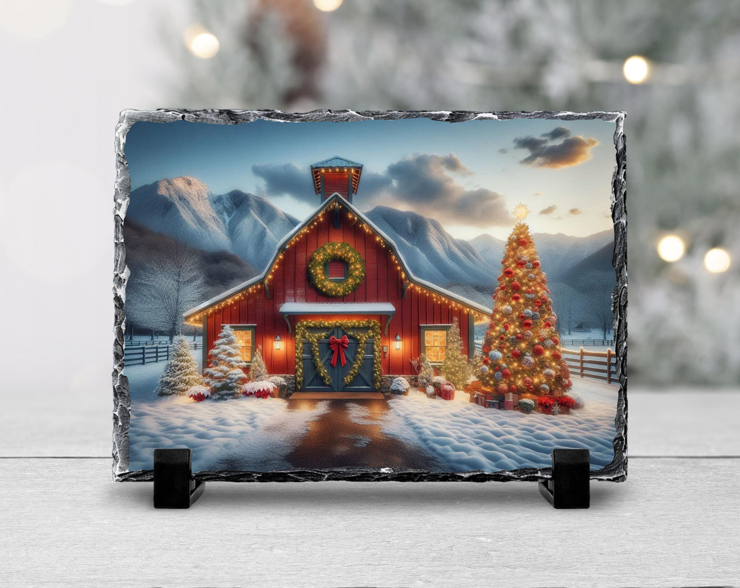 Rustic Slate Wall Art - Snowy Barn and Tree Farmhouse Christmas Decor Gift
