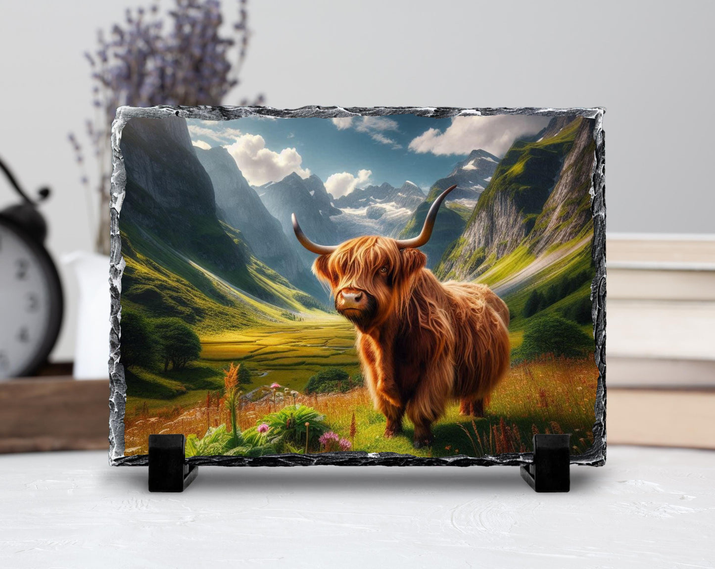 Highland Cow Slate Plaque – Durable Natural Stone Decor with Mountain View