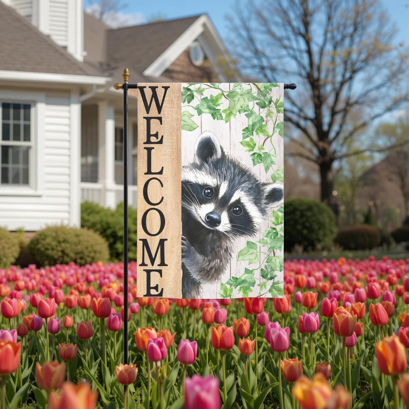 Welcome Raccoon Garden Flag – Rustic Woodland Yard Decor | Double Sided, UV Resistant - alternate view