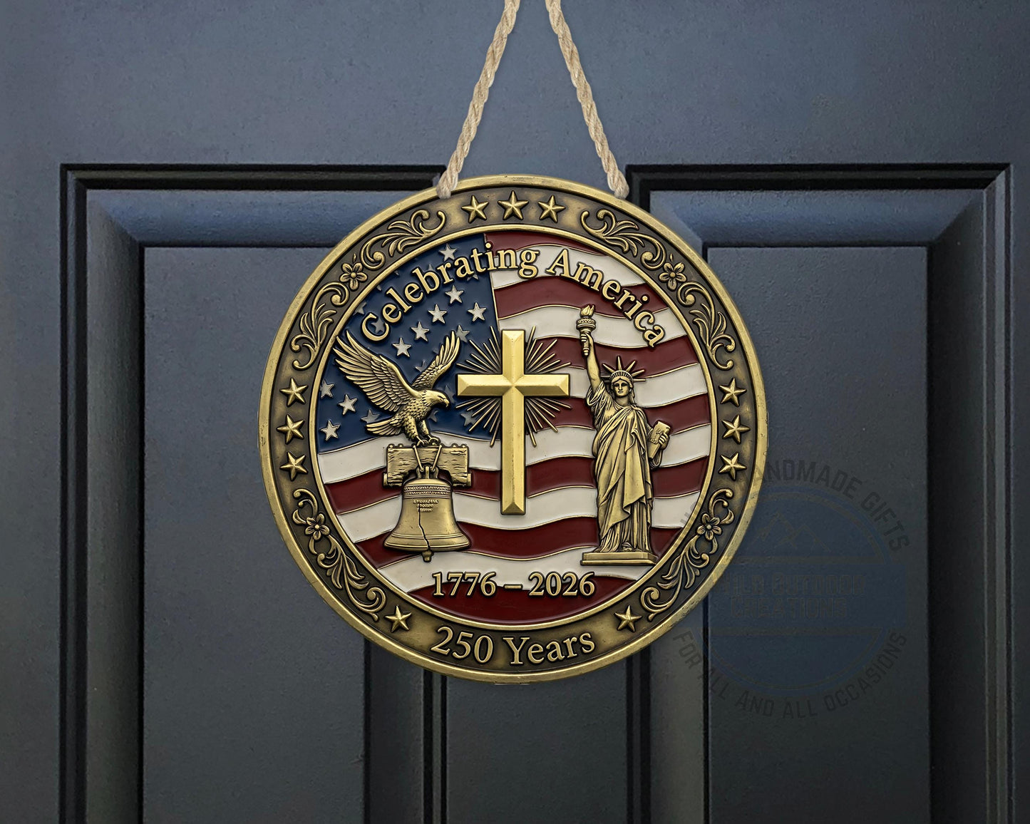 Patriotic Door Decor - America 250 Years Aluminum Door Sign 10" USA Hanger