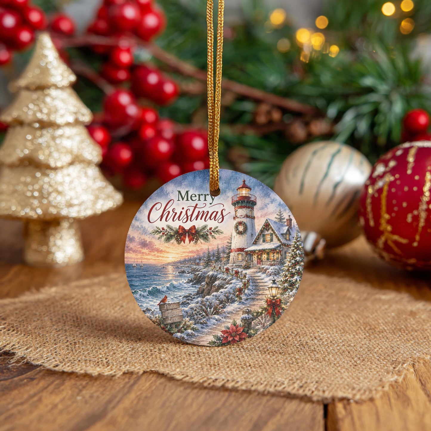 Lighthouse Christmas Ornament, Snowy Coastal Scene | Ceramic 3 Inch