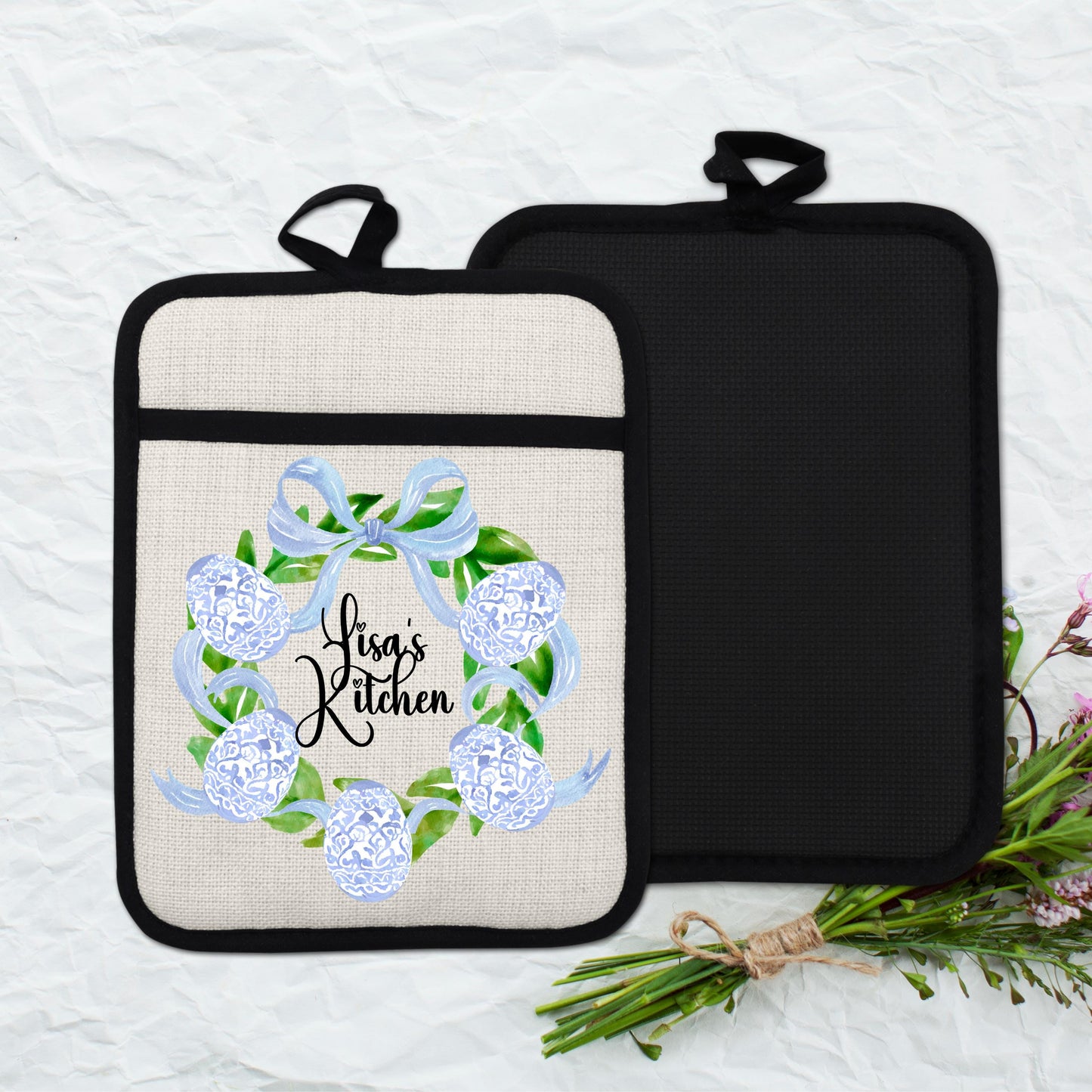 Personalized Easter Wreath | Non-Slip Pot Holder, Blue & White Chinoiserie Style Decor Gift - additional product photo 13