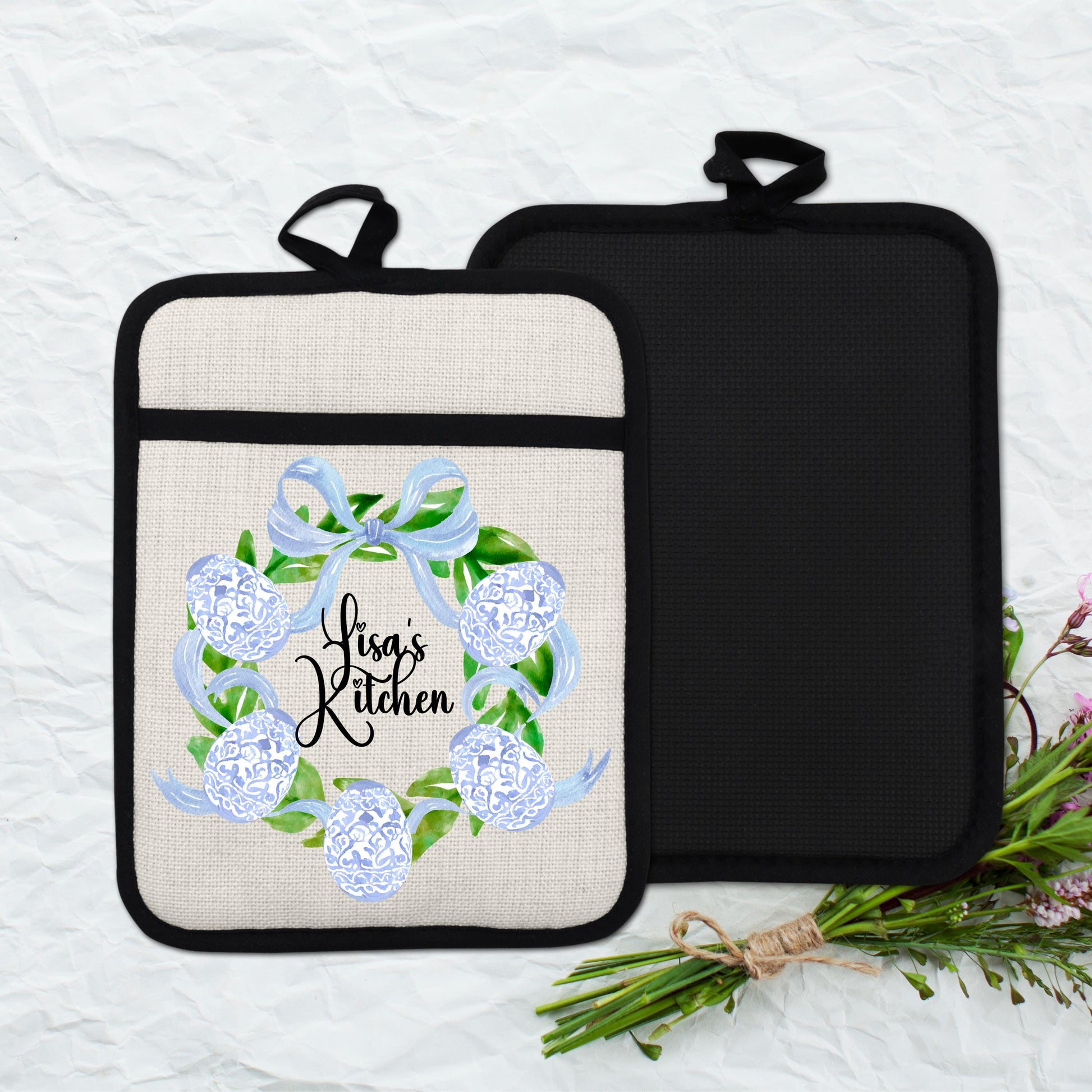 Personalized Easter Wreath | Non-Slip Pot Holder, Blue & White Chinoiserie Style Decor Gift - additional product photo 13