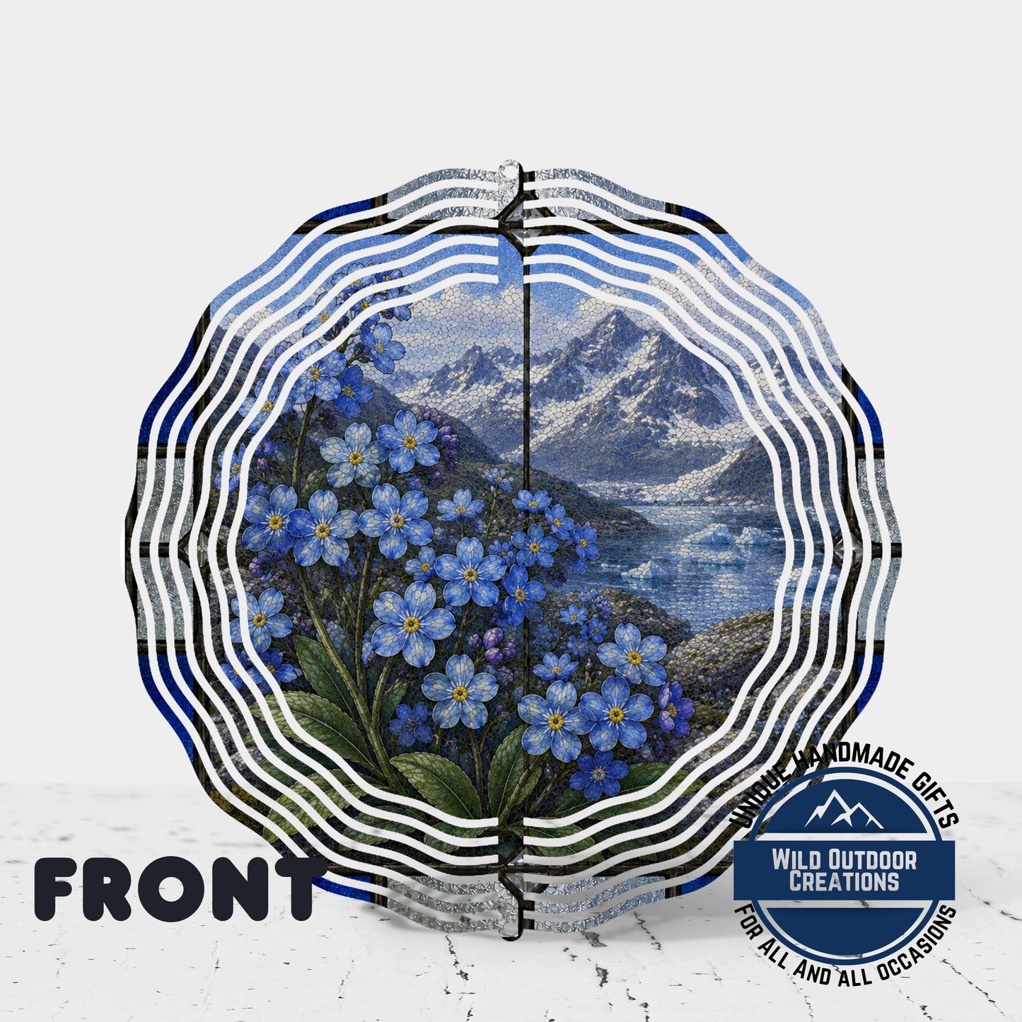 Forget Me Not Wind Spinner Alaska State Flower Stained Glass Style Garden Aluminum Decor