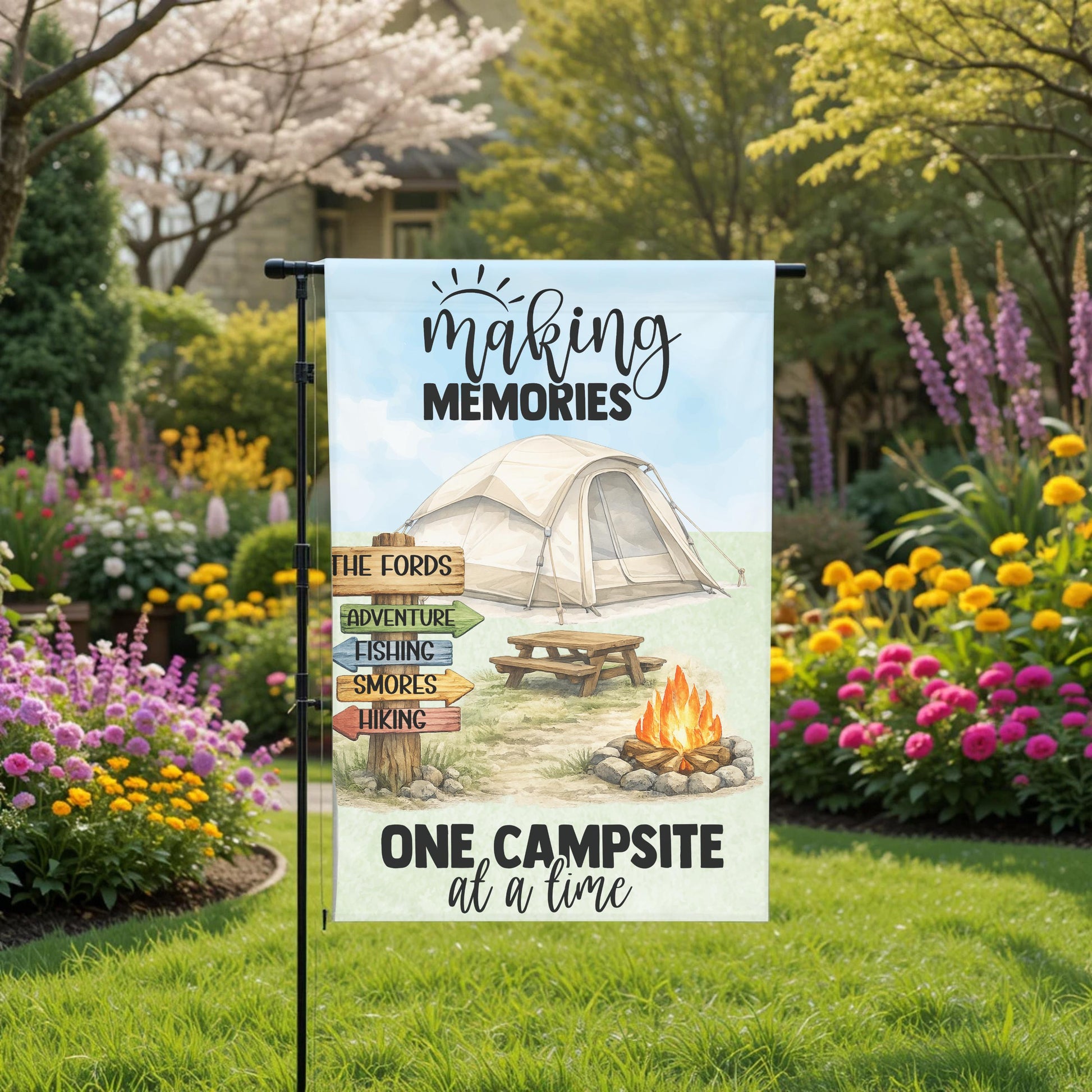 Personalized Camping Flag - Custom Tent Camping Garden Flag 12x18 Double Sided - close up detail