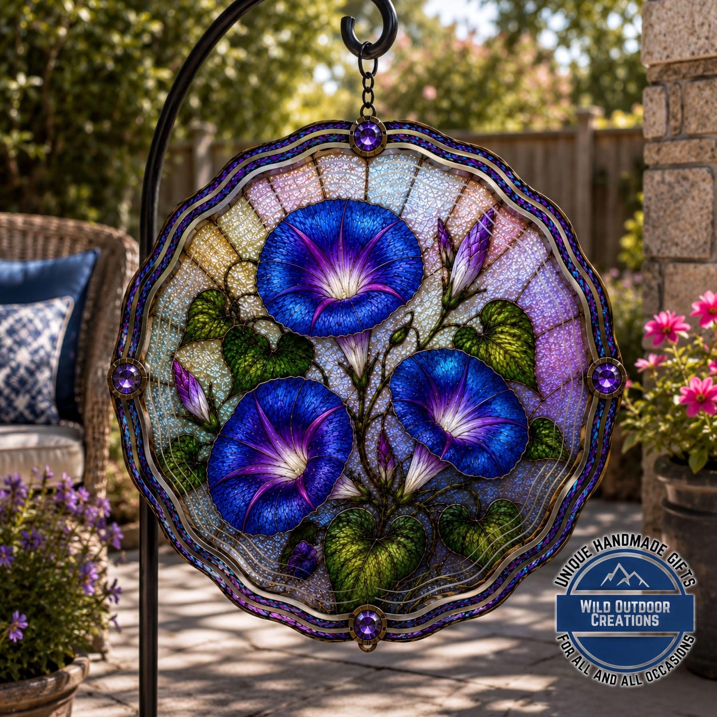 September Birth Flower Wind Spinner Morning Glory Faux Stained Glass Garden Gift Yard Art