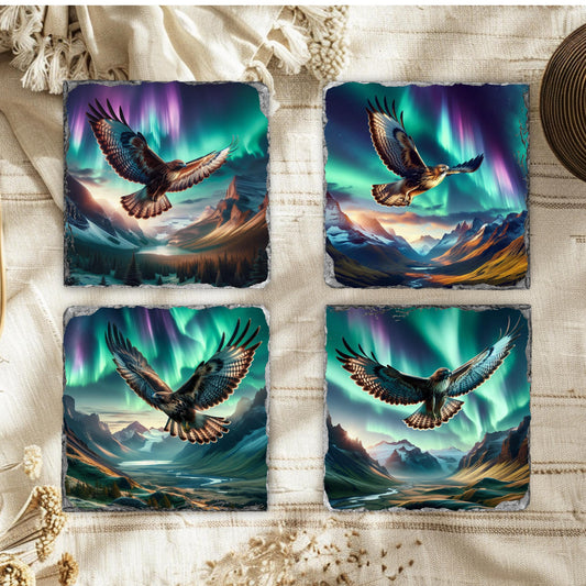 Slate Coaster Set with Unique Hawk  Northern Lights Designs - Perfect Gift for Outdoor Enthusiasts
