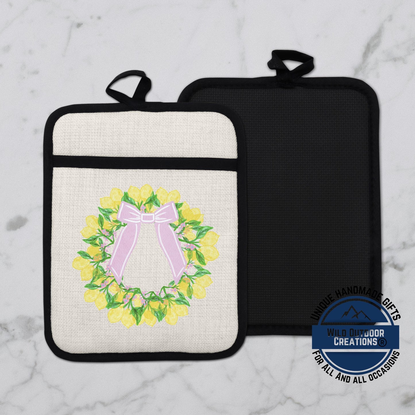 Lemon Wreath Pot Holder - Non Slip Potholder With Pocket | Floral Kitchen Gift - alternate view