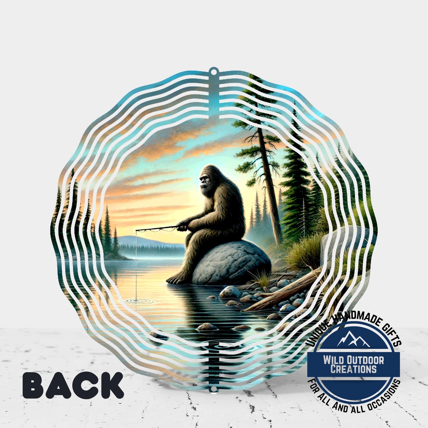 Bigfoot Fishing Wind Spinner - Aluminum Outdoor Spinner | Sasquatch Garden Decor - close up detail