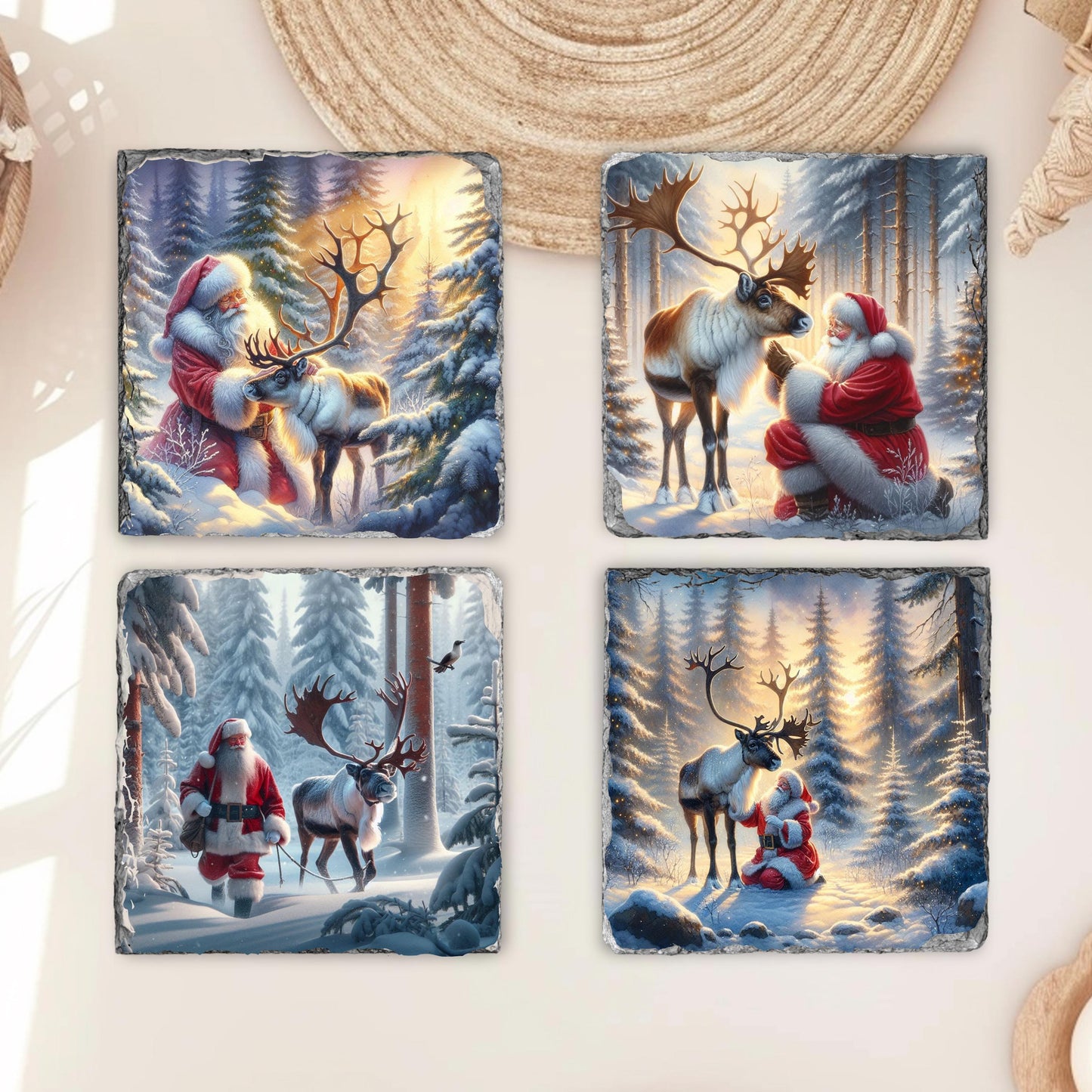 Fractured Edge Slate Coaster Set with Santa  Reindeer Winter Scene  4 Sublimation Images  Black Rack  Perfect Holiday Gift