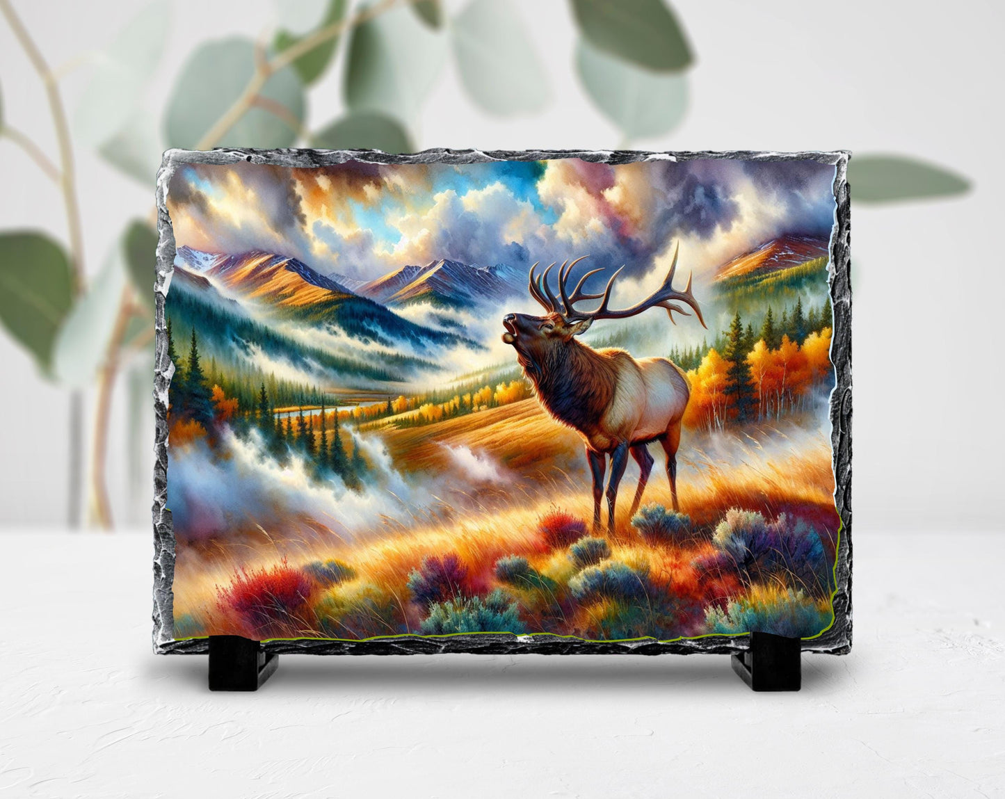 Bugling Elk Slate Plaque - Autumn Mountain Scene Wildlife Art for Rustic Cabin Decor