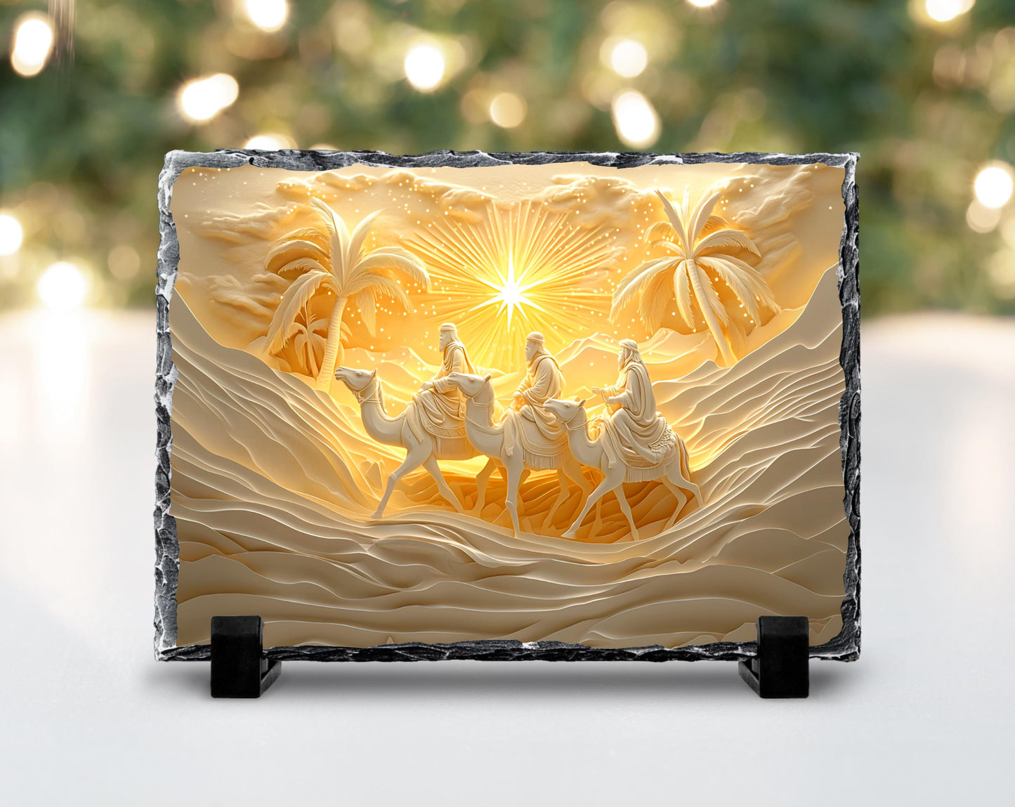 3 Wise Men Nativity Slate Plaque - Elegant Gold  White Design with Fractured Edge Ideal Christmas Gift or Religious Decor