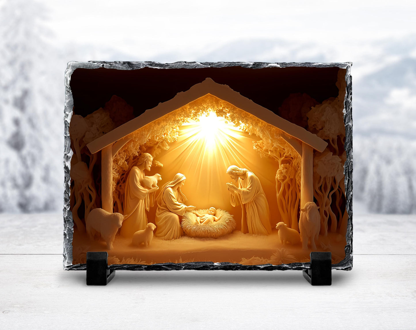3D Glow Nativity Scene Slatestone Decor with Fractured Edges  Unique Religious Home Accent for Christmas Gifts