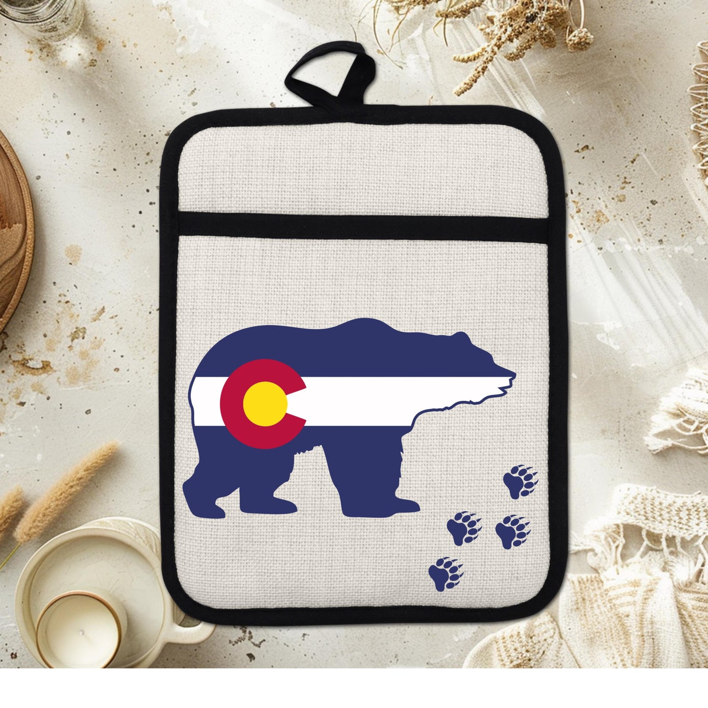 Pot Holder Oven Mitt - Colorado Bear Design | Silicone Pot Holder, Linen Fabric