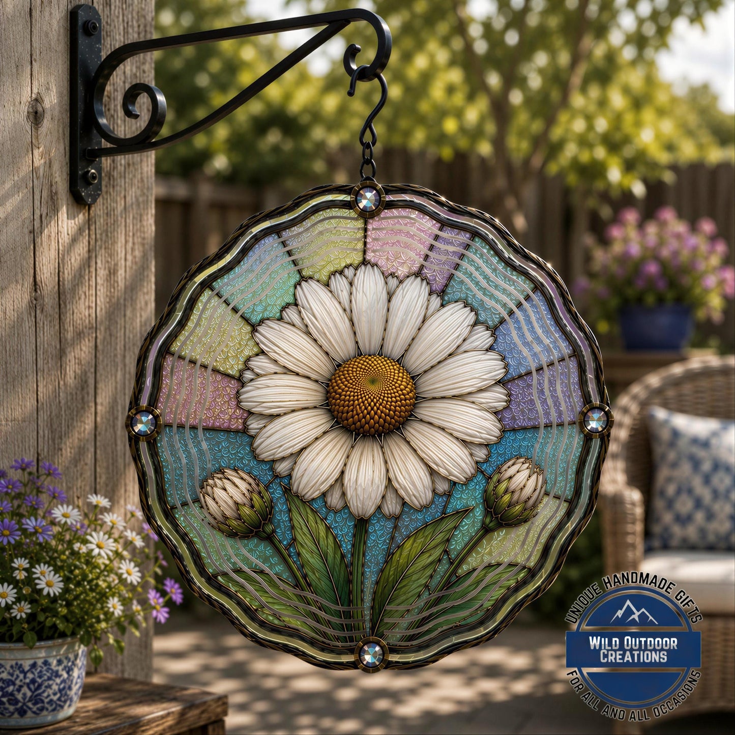 April Birth Flower Daisy Wind Spinner 10 Inch Faux Stained Glass Metal Garden Decor