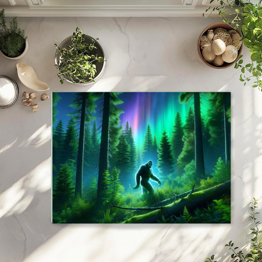Tempered Glass Cutting Board featuring Bigfoot in the Forest - Unique Gift for Bigfoot Lovers