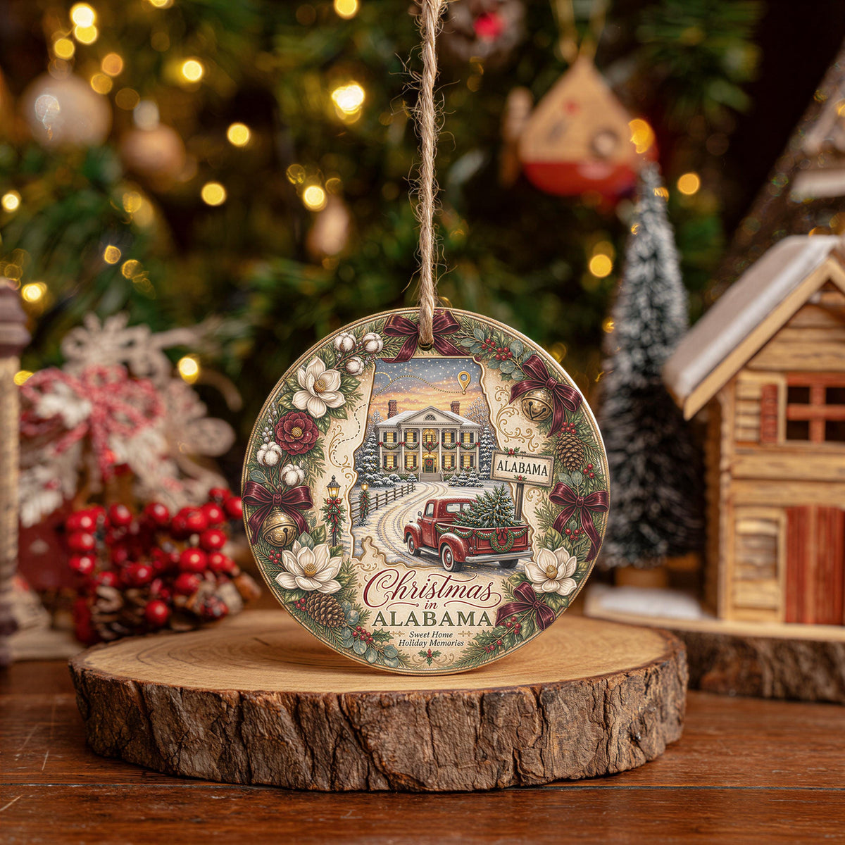 Alabama Christmas Ornament, Vintage Red Truck, Mansion Scene | Ceramic 3 Inch Double-Sided