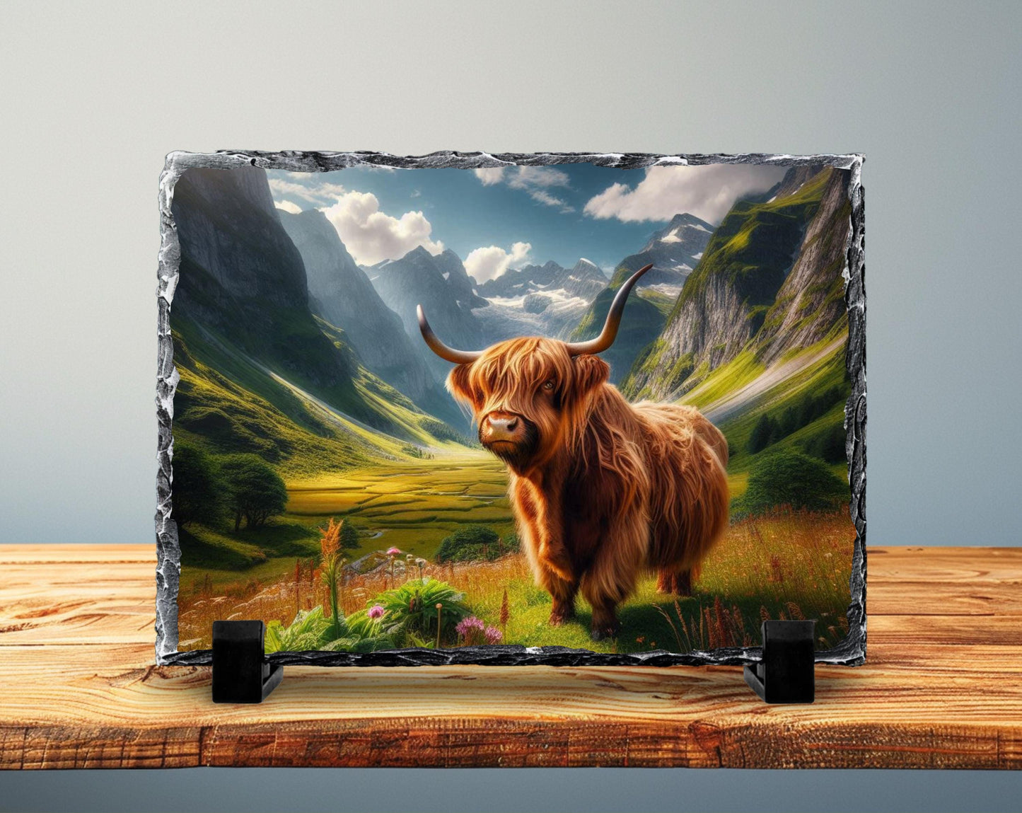 Highland Cow Slate Plaque – Durable Natural Stone Decor with Mountain View