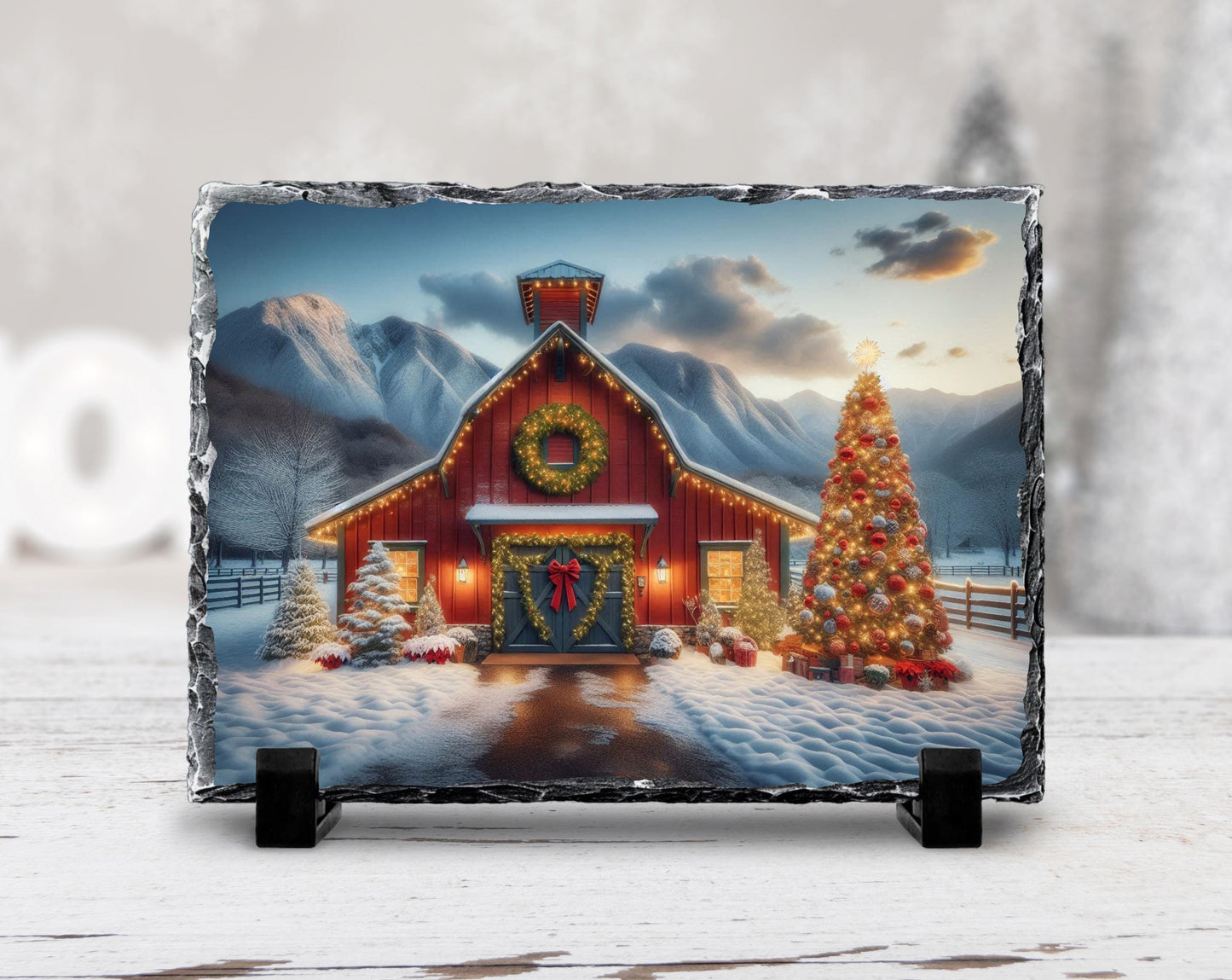 Rustic Slate Wall Art - Snowy Barn and Tree Farmhouse Christmas Decor Gift