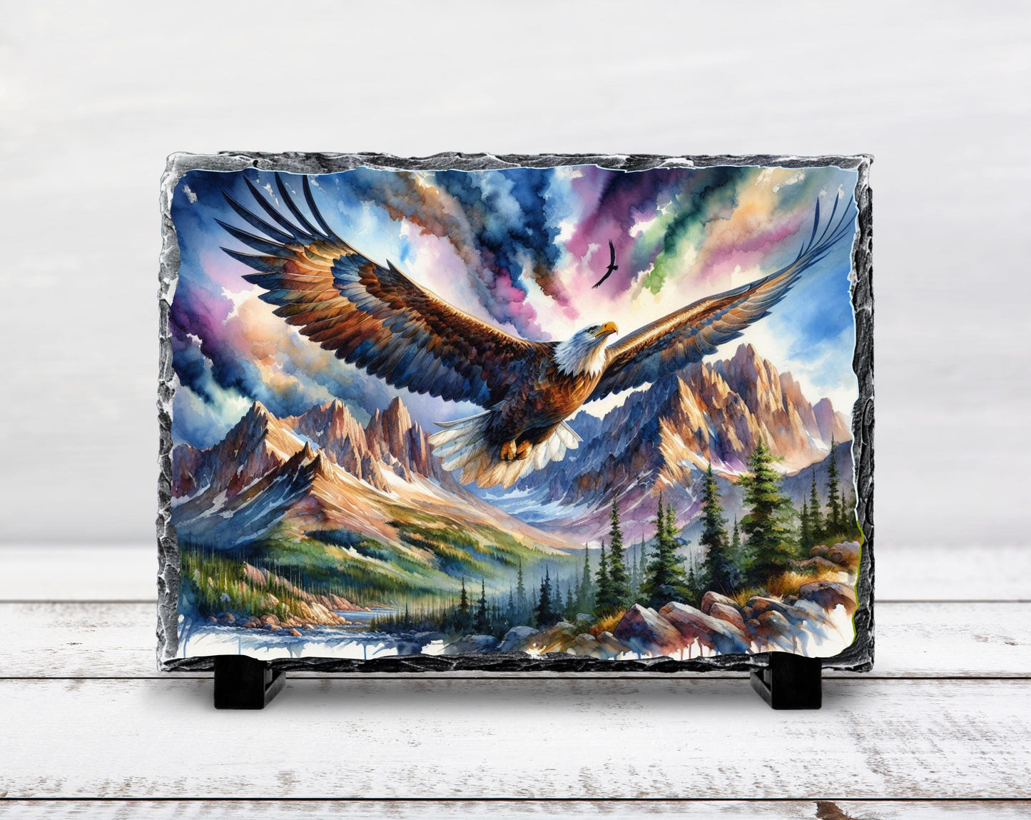 Eagle Slate Art Plaque - Soaring Over Mountain Valley Rustic Wildlife Decor on Fractured Stone