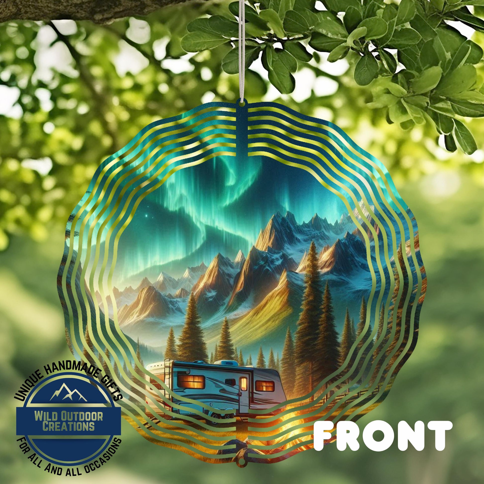 Northern Lights Wind Spinner - Double Sided Camping Spinner with Mountain Scene - additional angle