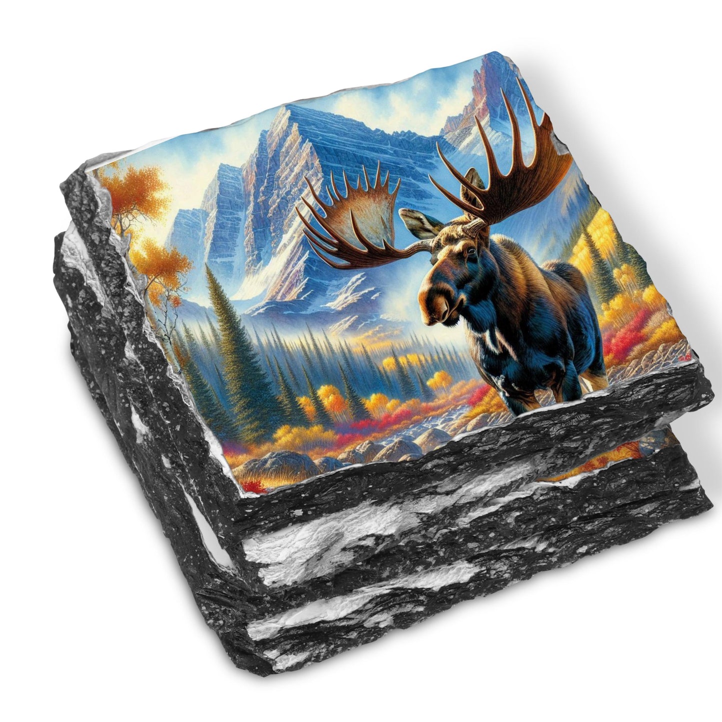 Slate Coaster Featuring Moose in Autumn Mountain Valley  Ideal Gift for Nature Enthusiasts
