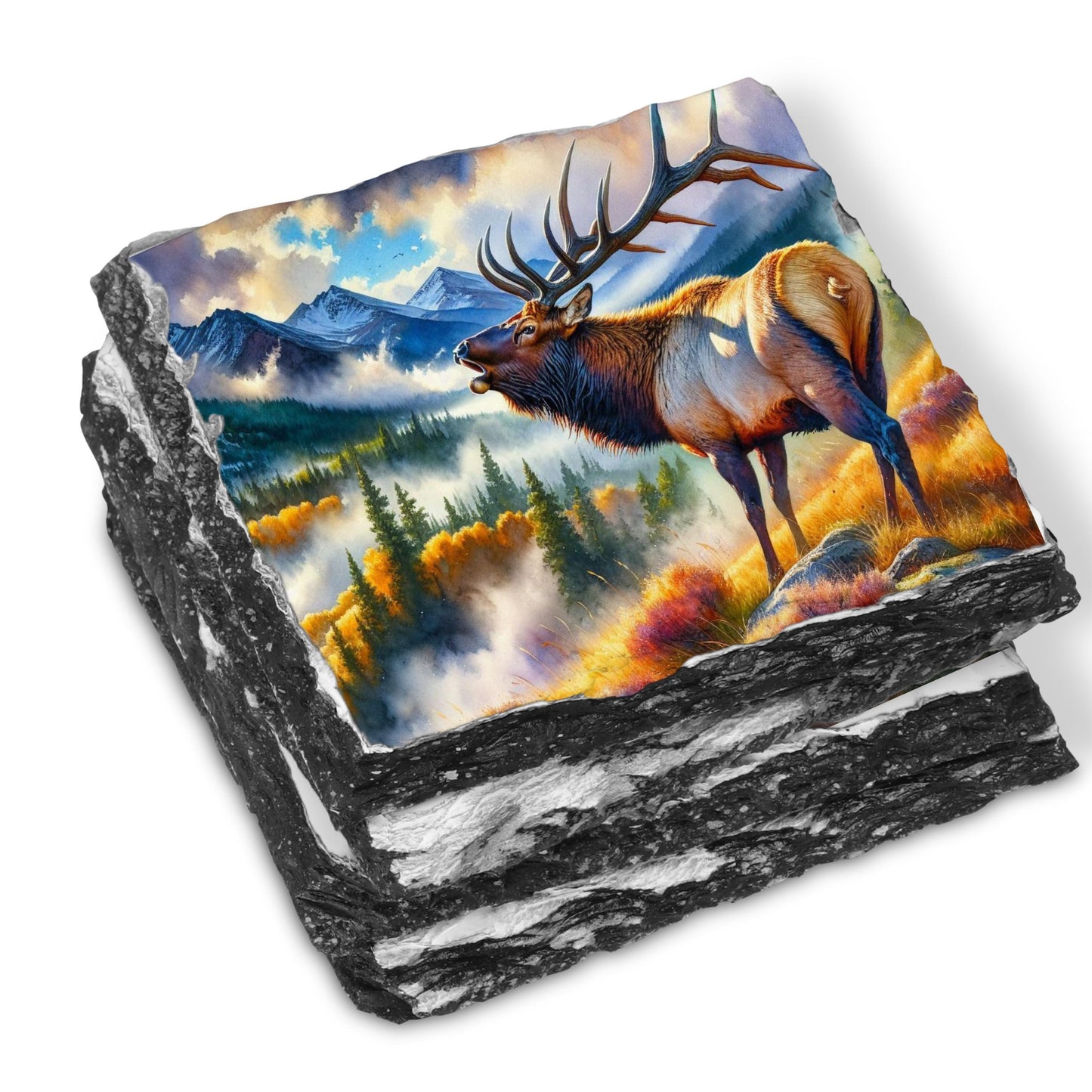 Elk Mountain Scene Slate Coaster Set with Watercolor Effect  Fractured Edges  Perfect Gift for Nature Lovers