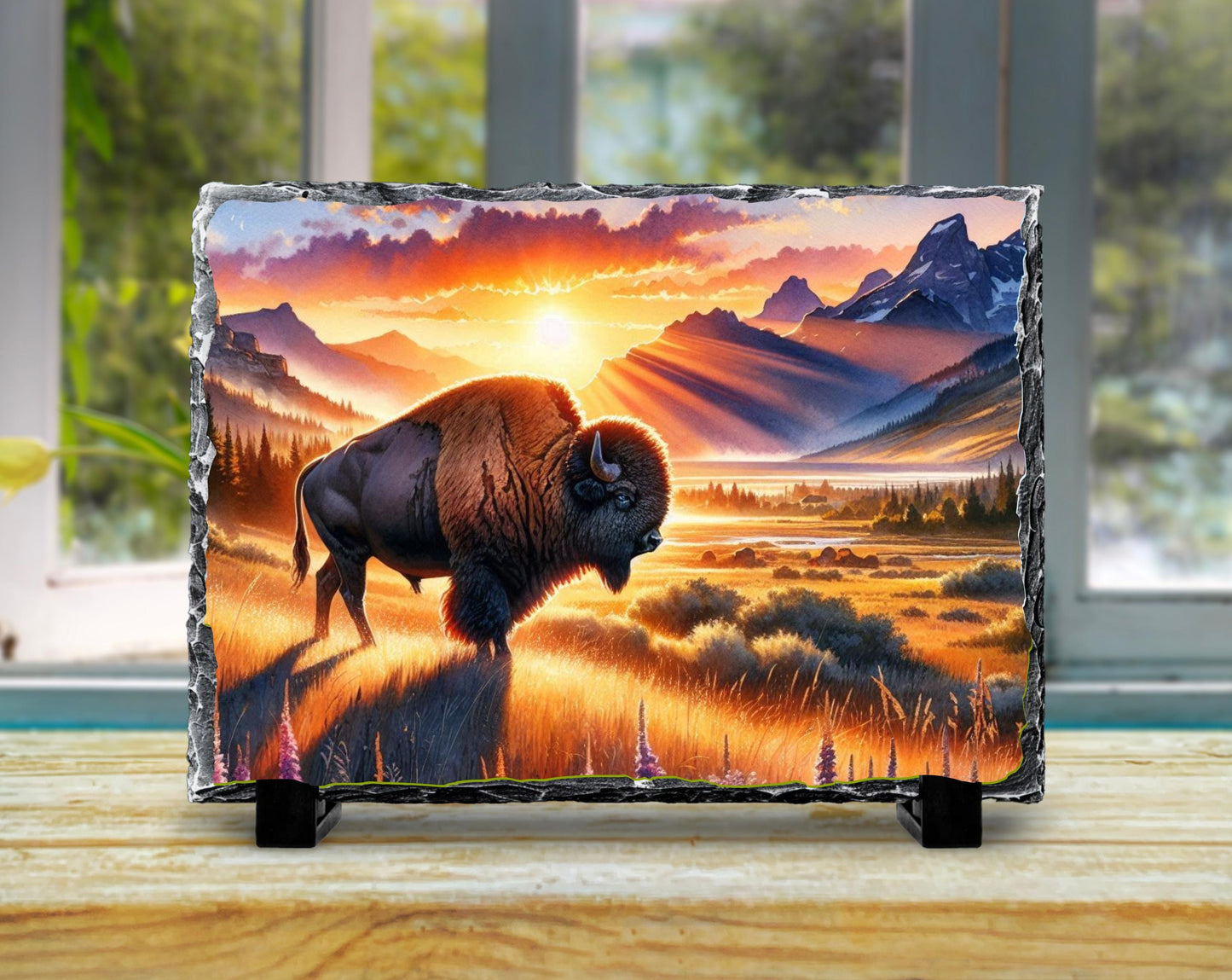 Bison Sunset Slate Sign – Rustic Buffalo Mountain Art With Fade Resistant Printing