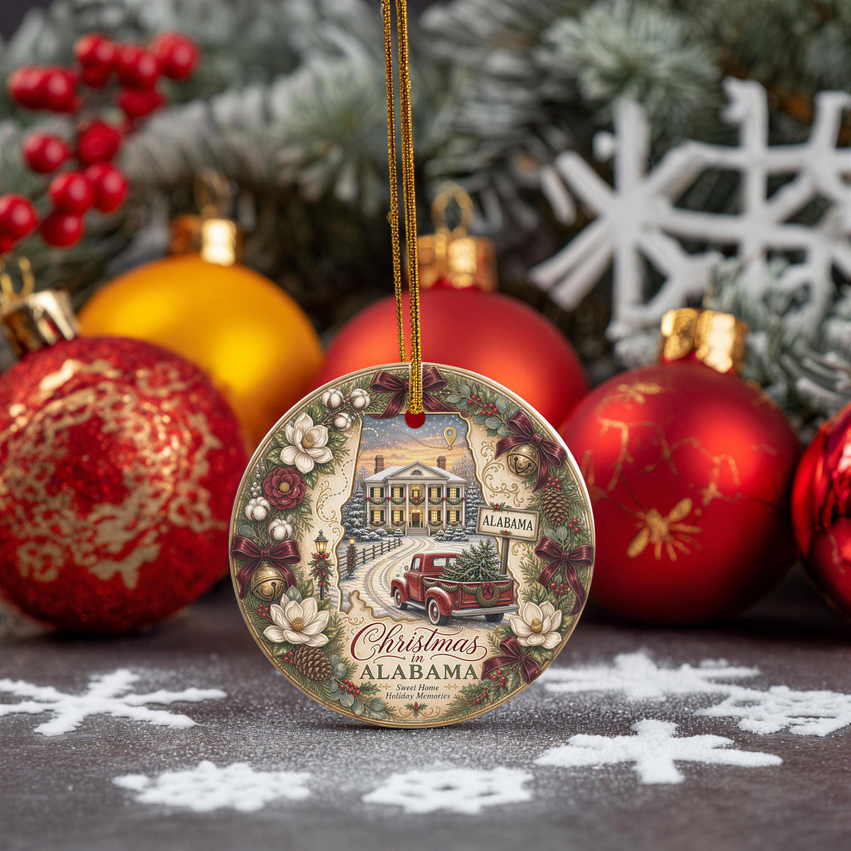 Alabama Christmas Ornament, Vintage Red Truck, Mansion Scene | Ceramic 3 Inch Double-Sided