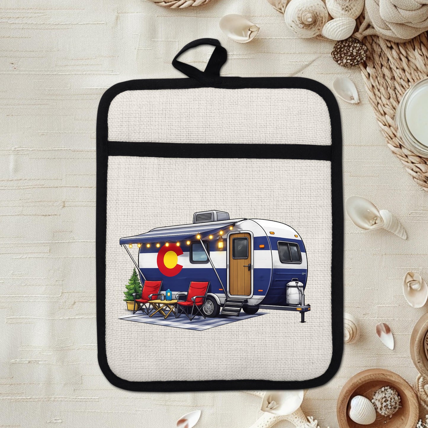 Colorado Camper Pot Holder - Linen Fabric, Silicone Heat Trivet With Loop