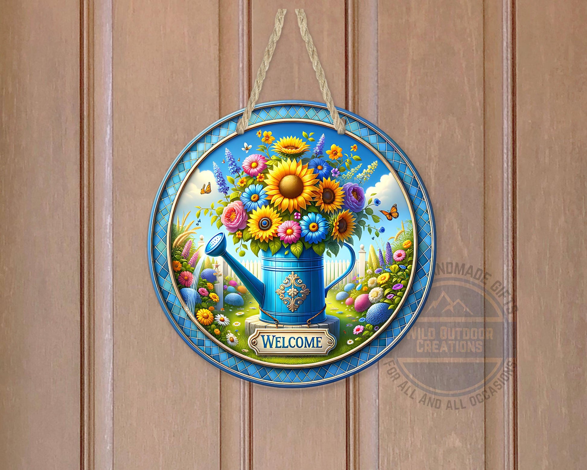 Watering Can Welcome Sign – Round Aluminum Garden Door Hanger With Sunflower Decor - packaging and presentation