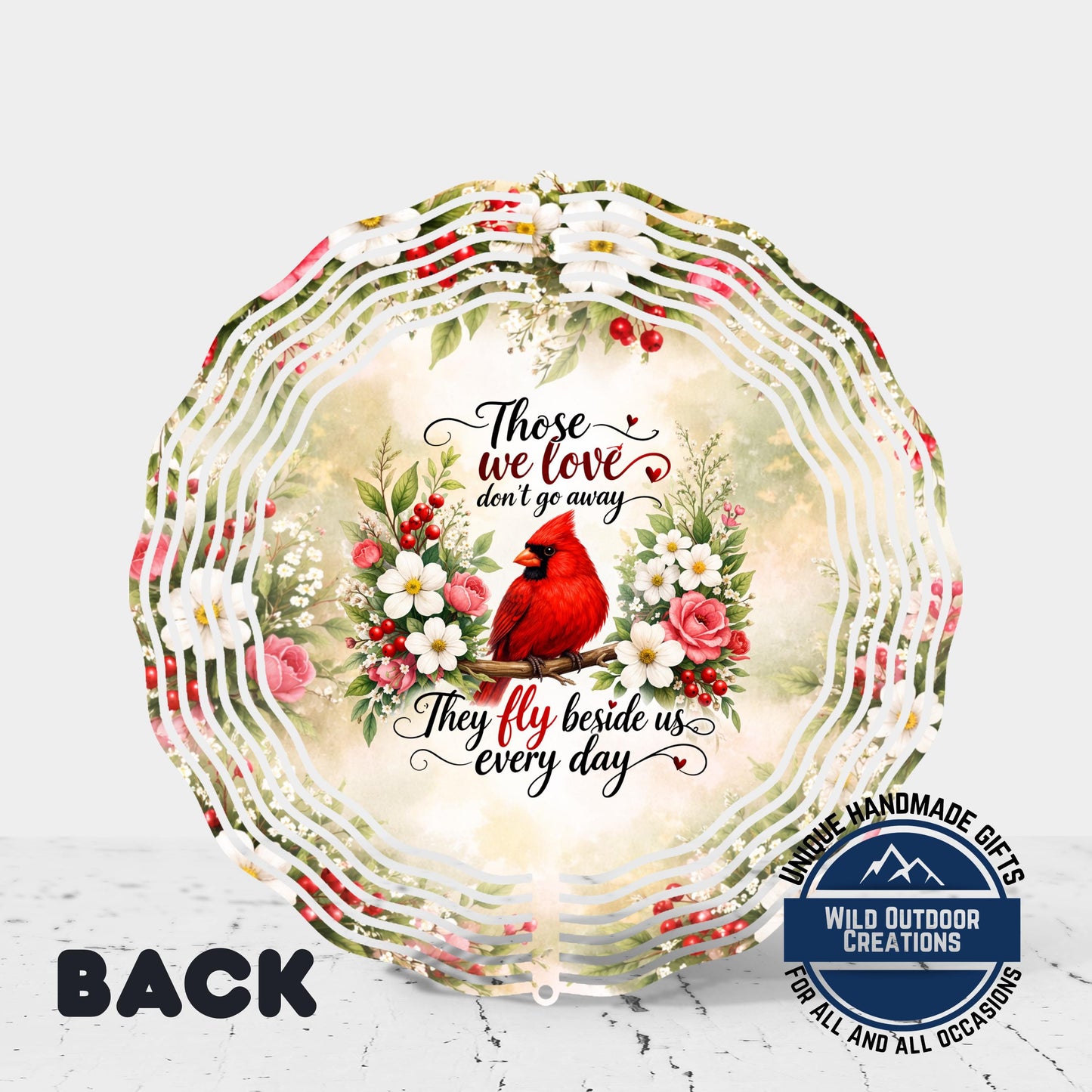 Cardinal Memorial Spinner - Vibrant Red Cardinal Garden Wind Spinner with Dogwood Flowers - front and back