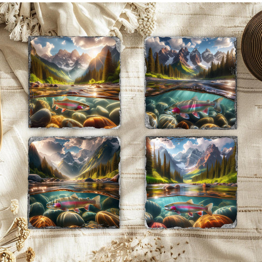 Rainbow Trout Slate Coaster Set with Fractured Edges - Ideal Gift for Fishermen and Outdoor Lovers