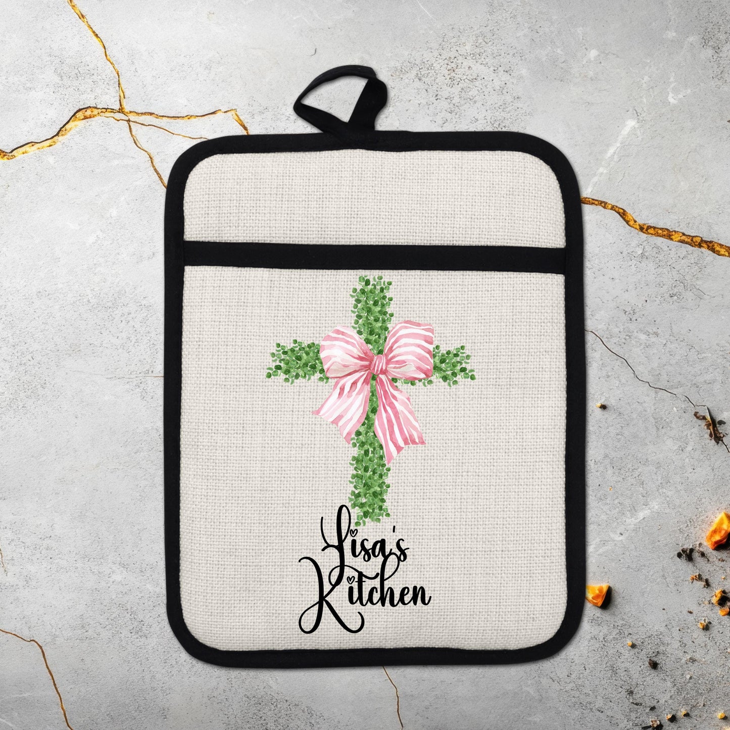 Personalized Cross Pot Holder – Pink Floral Cross, Custom Name Kitchen Gift