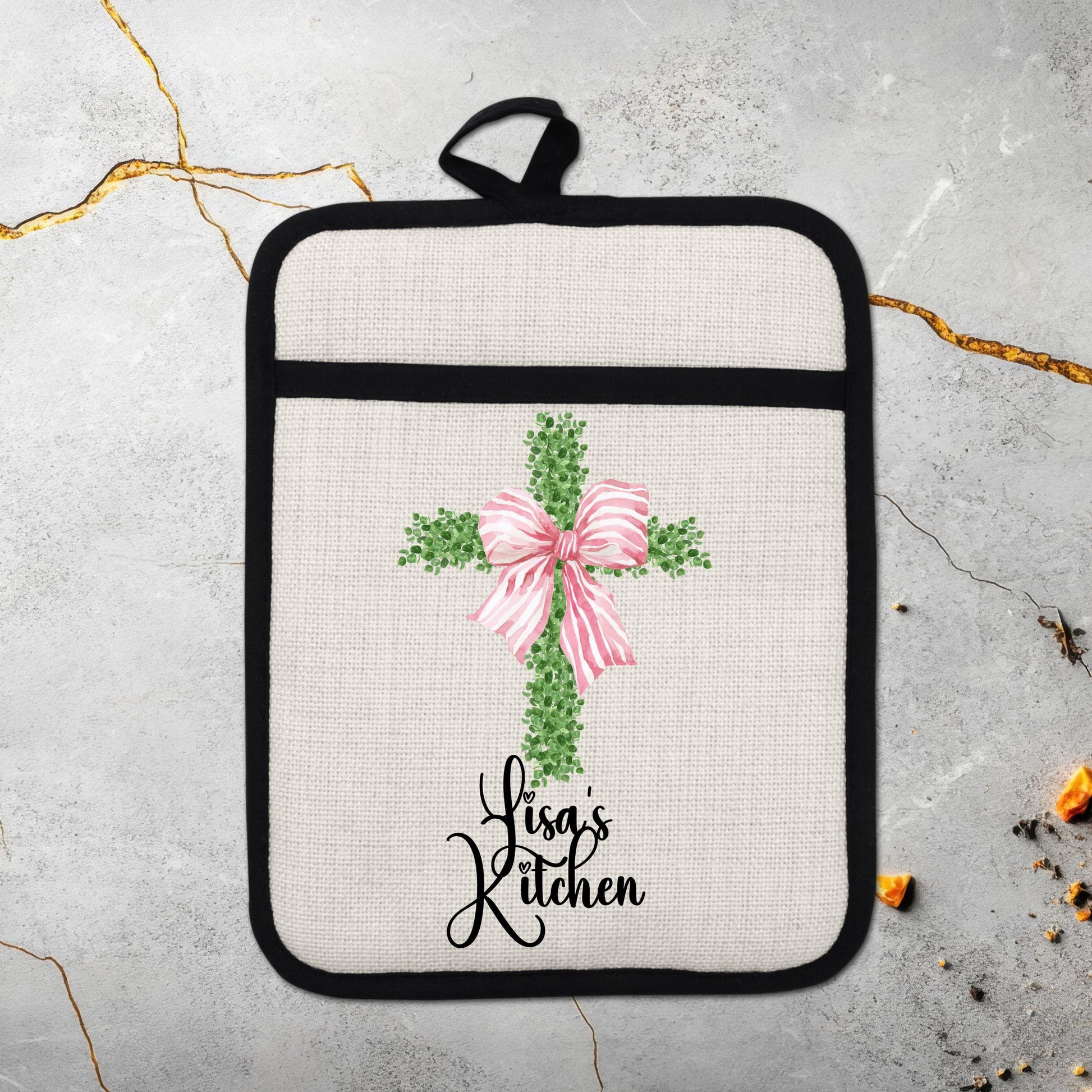 Personalized Cross Pot Holder – Pink Floral Cross, Custom Name Kitchen Gift