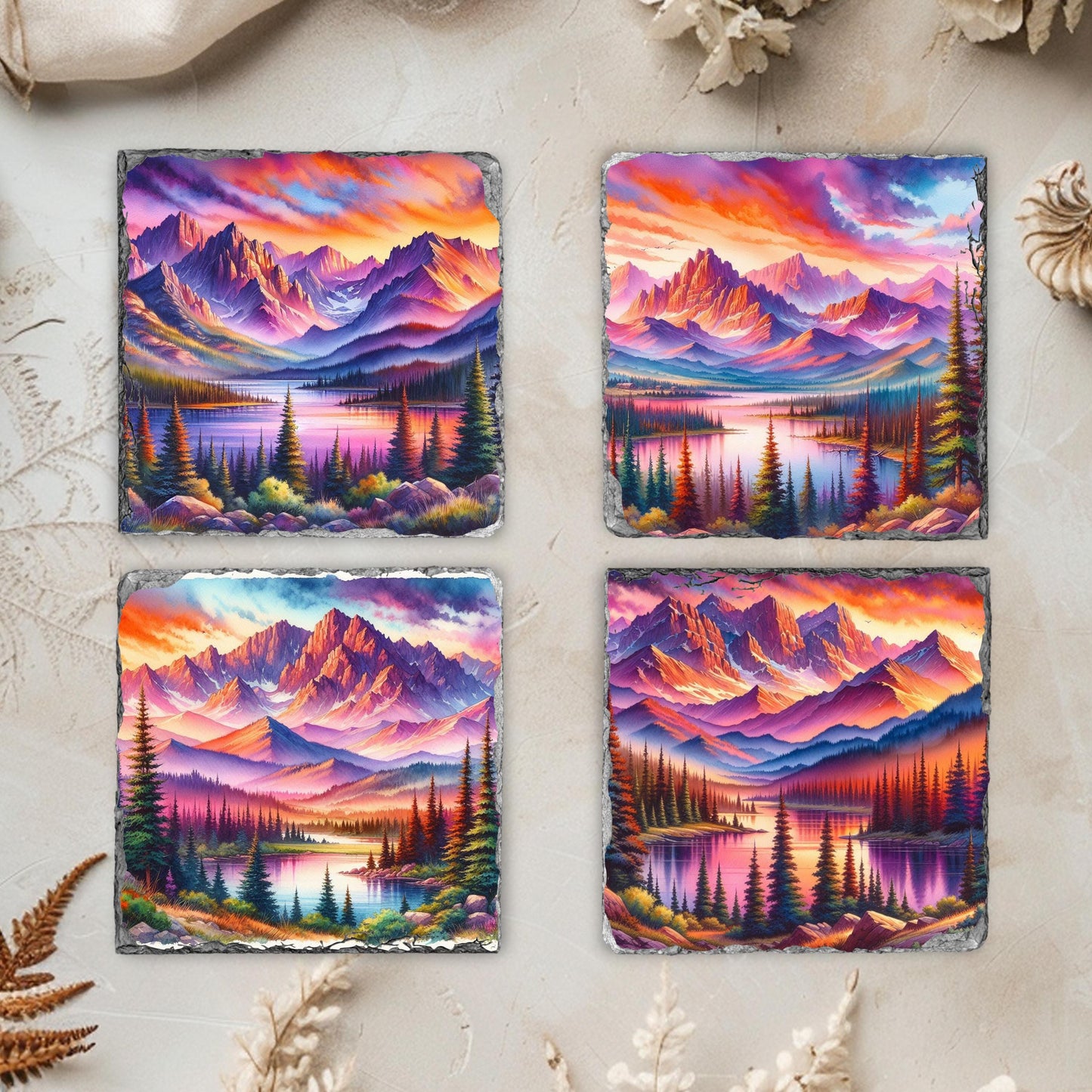 Slate Coaster Set with Vibrant Sunset Mountain Lake Images  Fractured Edges Perfect Gift for Nature Lovers