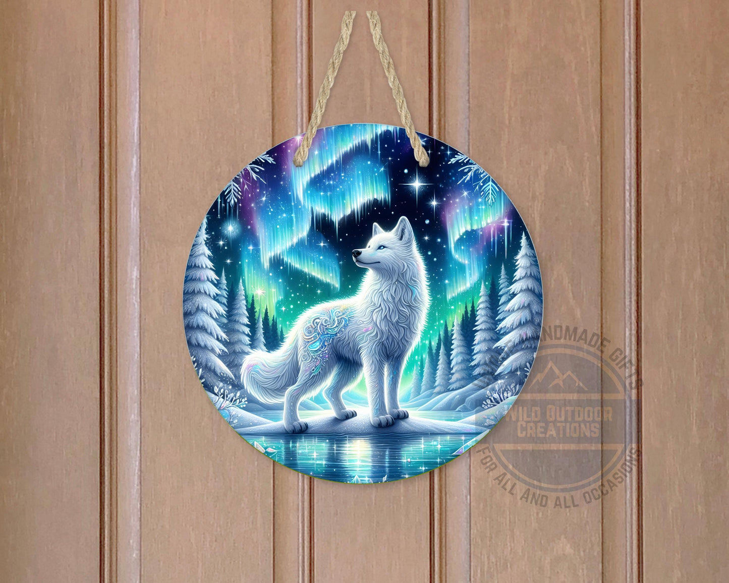 Wolf Door Hanger - Northern Lights Art | Rustic Cabin Sign, Outdoor Decor