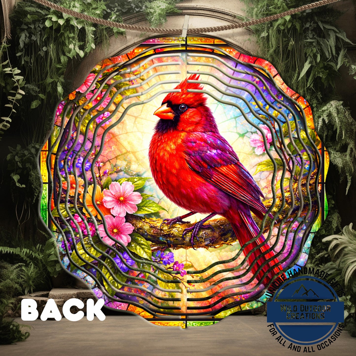 Cardinal Wind Spinner - 10 Inch Aluminum Outdoor Garden Decor With Pink Yellow Flowers