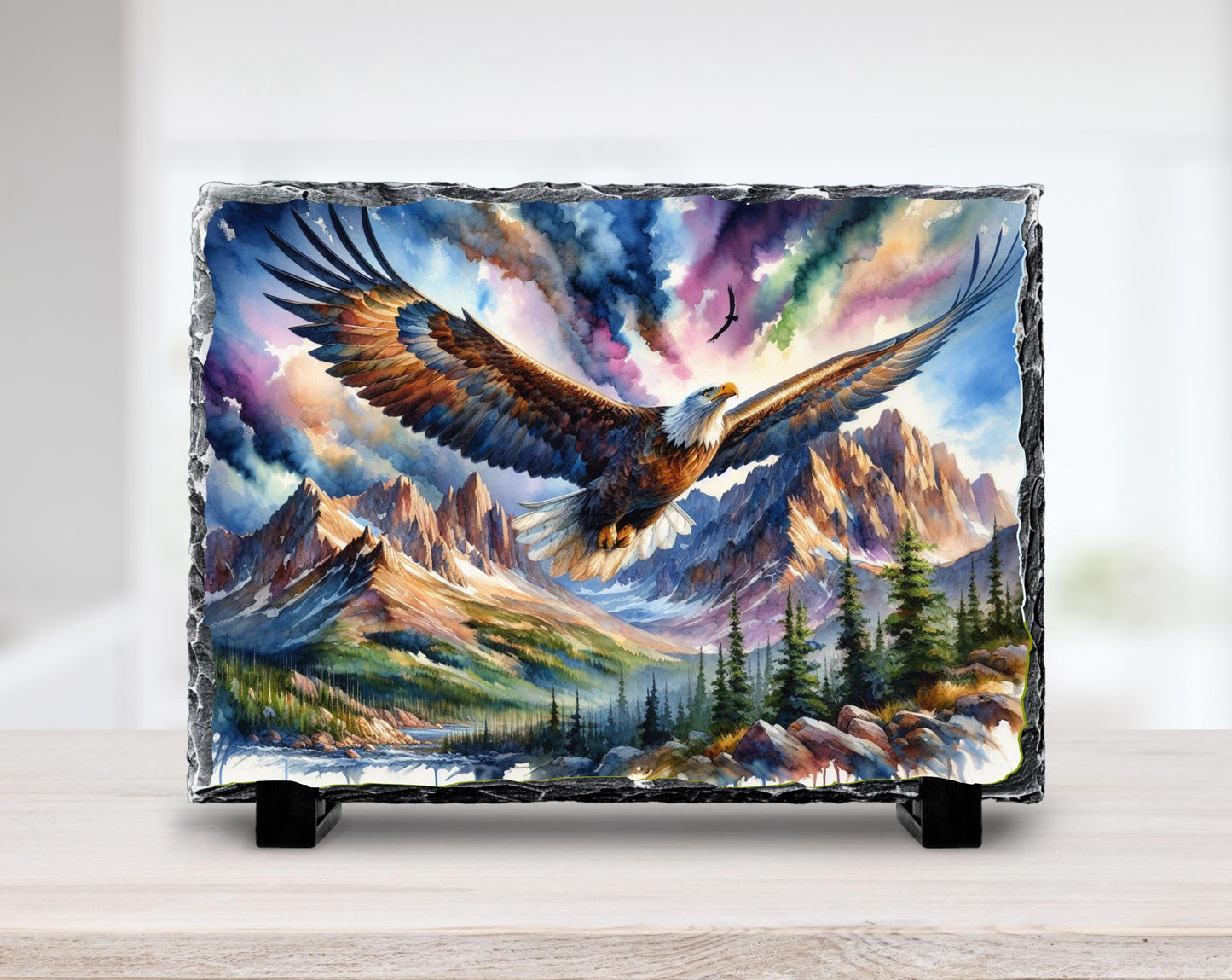 Eagle Slate Art Plaque - Soaring Over Mountain Valley Rustic Wildlife Decor on Fractured Stone