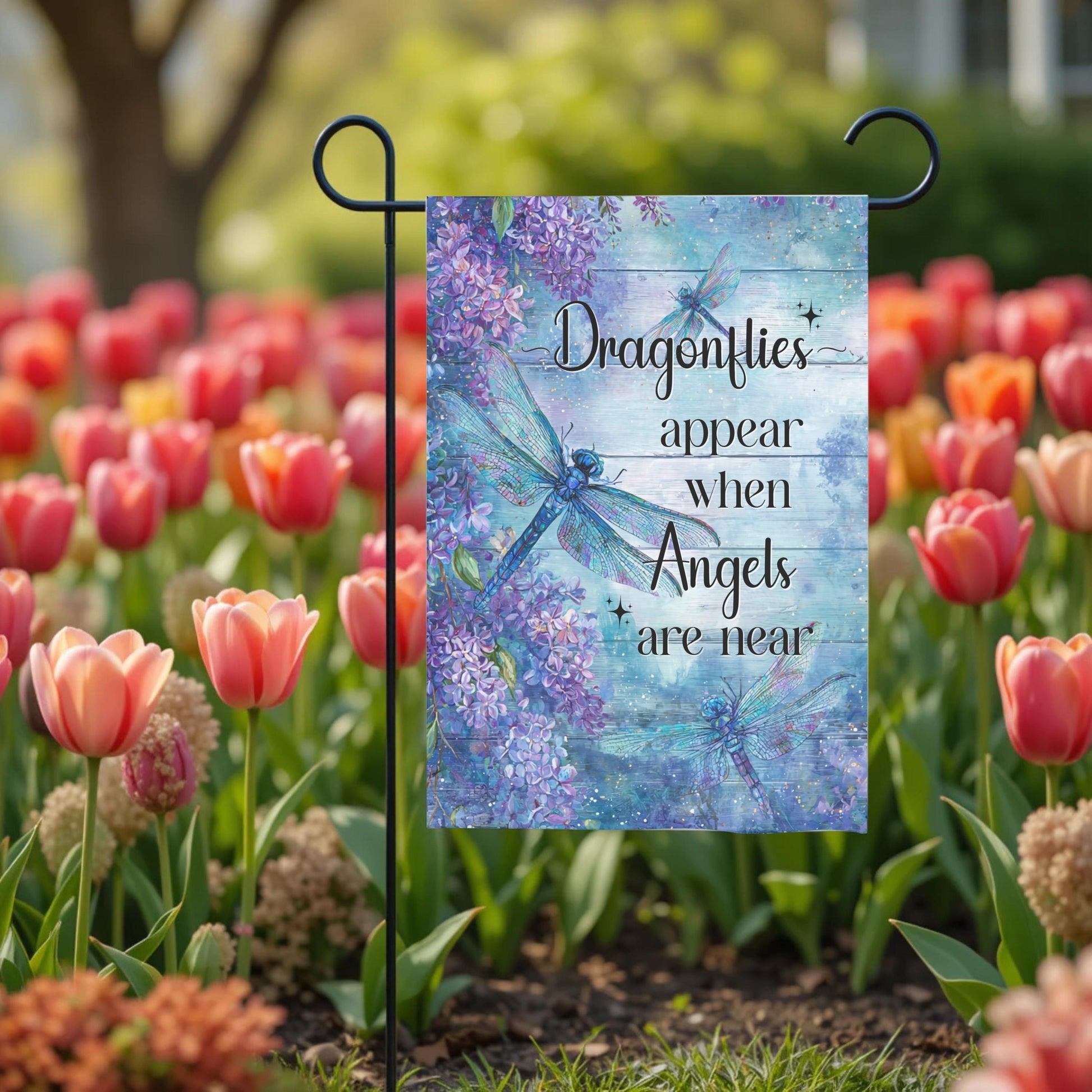 Memorial Garden Flag – Dragonfly Garden Flag with Lilac Flowers | UV Protected Polyester - outdoor setting