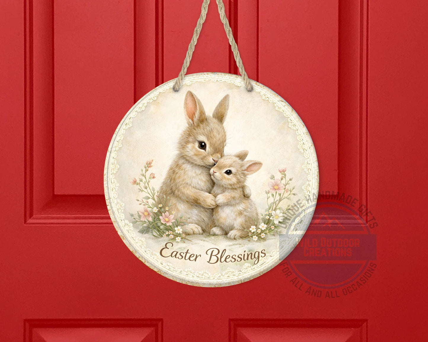 Spring Bunny Door Hanger – Floral Easter Sign | 10" Round Aluminum Decor
